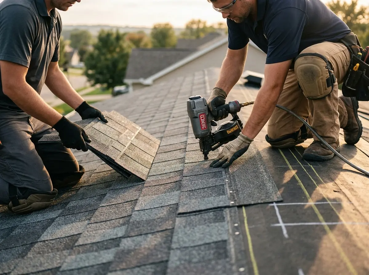 Professional roofer working on a residential roof in Bixby